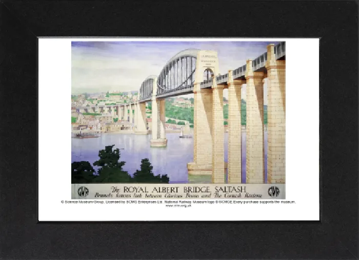 Stampa con cornice : Il Ponte Reale Albert, Saltash, poster GWR, 1945. Stampa con cornice : Il Ponte Reale Albert, Saltash, poster GWR, 1945.