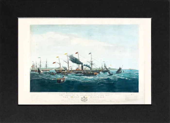 Stampa con cornice : Il PS Great Western che parte da Bristol per la sua prima traversata negli Stati Uniti nel 1838. Stampa con cornice : Il PS Great Western che parte da Bristol per la sua prima traversata negli Stati Uniti nel 1838.