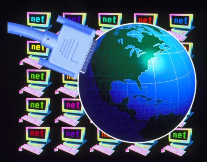 Stampa con cornice : Arte informatica di computer connessi e globo.