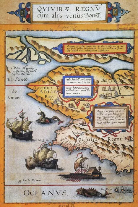 Stampa con cornice : Mappa di Bering, 1593. Carta di Cornelis de Jodes del 1593 della parte occidentale dell'America settentrionale che mostra la provincia mitica di Quivira in California e lo stretto di Bering (El Streto de Anian); sono anche rappresentati due mostri marini, due navi da carico europee e un grande orientale'. Stampa con cornice : Mappa di Bering, 1593. Carta di Cornelis de Jodes del 1593 della parte occidentale dell'America settentrionale che mostra la provincia mitica di Quivira in California e lo stretto di Bering (El Streto de Anian); sono anche rappresentati due mostri marini, due navi da carico europee e un grande orientale'.