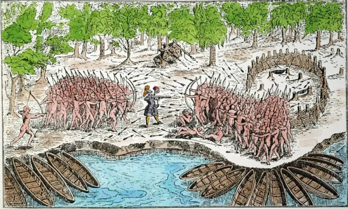 Stampa con cornice : SAMUEL DE CHAMPLAIN. Champlain (centro), con due arquebusieri francesi (in alto) e Algonchini amici (sinistra) sconfiggono una partita di guerra irochesi sul sito attuale di Ticonderoga sul lago Champlain, 29 luglio 1609. Incisione a colori da Voyages di Champlains (1613). Stampa con cornice : SAMUEL DE CHAMPLAIN. Champlain (centro), con due arquebusieri francesi (in alto) e Algonchini amici (sinistra) sconfiggono una partita di guerra irochesi sul sito attuale di Ticonderoga sul lago Champlain, 29 luglio 1609. Incisione a colori da Voyages di Champlains (1613).