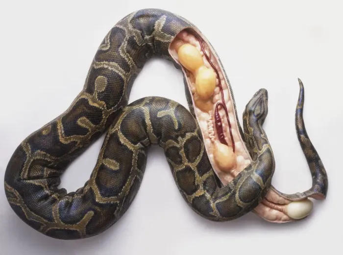 Stampa con cornice : Modello di pitone birmano (Python molurus bivittatus) che depone uova, sezione trasversale. Stampa con cornice : Modello di pitone birmano (Python molurus bivittatus) che depone uova, sezione trasversale.
