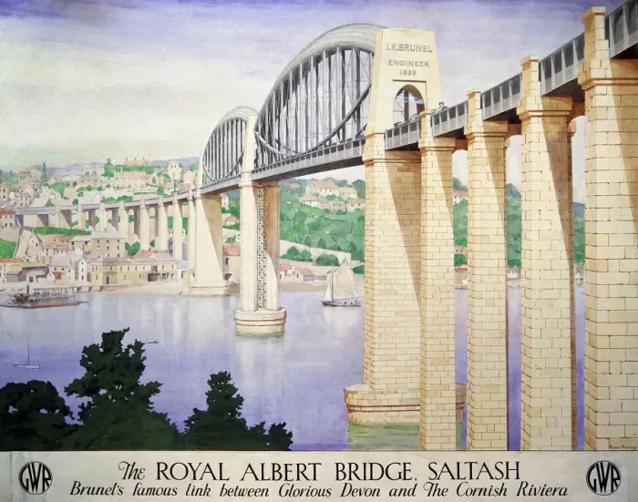 Stampa con cornice : Il Ponte Reale Albert, Saltash, poster GWR, 1945. Stampa con cornice : Il Ponte Reale Albert, Saltash, poster GWR, 1945.
