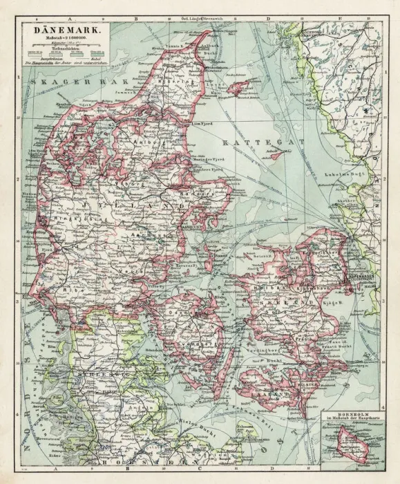 Stampa con cornice : Mappa della Danimarca 1900. Stampa con cornice : Mappa della Danimarca 1900.