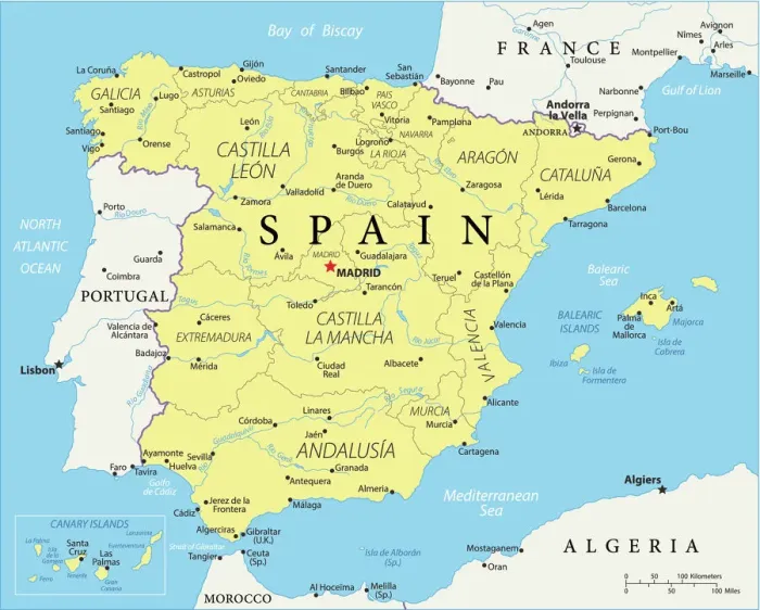 Stampa con cornice : Mappa di Riferimento della Spagna Stampa con cornice : Mappa di Riferimento della Spagna