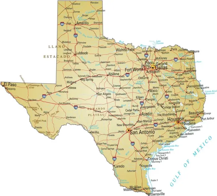 Stampa con cornice : Mappa del Texas.