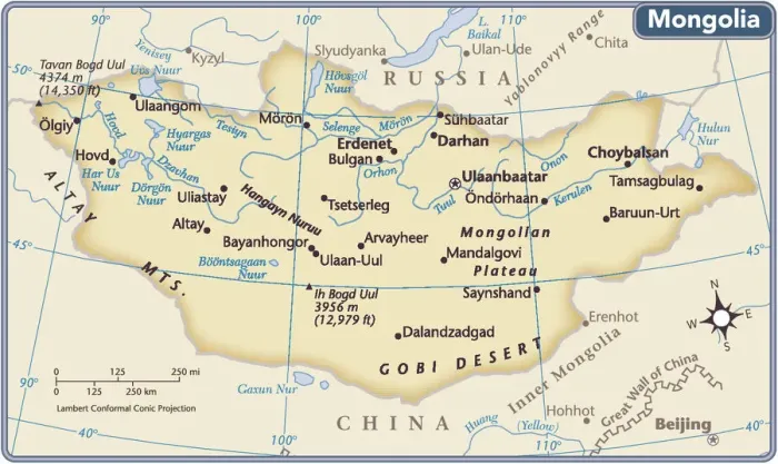 Stampa con cornice : Mappa del paese della Mongolia.