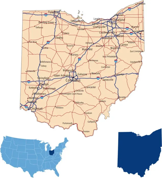 Stampa con cornice : Mappa stradale dell'Ohio.