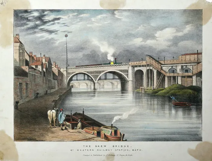 Stampa con cornice : Ponte di Sbiancamento, Stazione della Great Western Railway, Bath c. 1840-70 (litografia a colori su carta)