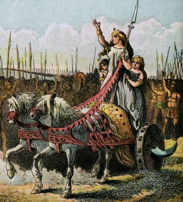 Stampa con cornice : Boadicea e il suo esercito, (c1850). Stampa con cornice : Boadicea e il suo esercito, (c1850).