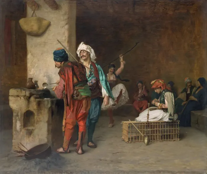 Stampa con cornice : Caffè House, Il Cairo (Casting Bullets), 1884 o prima. Creatore: Jean-Leon Gerome Stampa con cornice : Caffè House, Il Cairo (Casting Bullets), 1884 o prima. Creatore: Jean-Leon Gerome