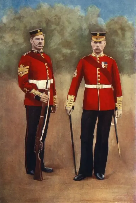 Stampa con cornice : I Grenadier Guards (Colour-Sergeant e Sergeant-Major), 1901. Creatore: Gregory and Co Stampa con cornice : I Grenadier Guards (Colour-Sergeant e Sergeant-Major), 1901. Creatore: Gregory and Co
