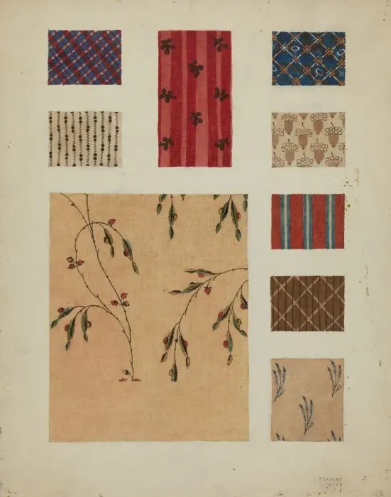 Stampa con cornice : Materiali da Patchwork Bedspread, c. 1936. Creatore: Frances Lichten Stampa con cornice : Materiali da Patchwork Bedspread, c. 1936. Creatore: Frances Lichten