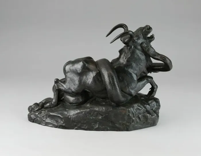 Stampa con cornice : 'Un serpente e un Gnu, cast c. 1934 / 35. Creatore: Antoine-Louis Barye'. Stampa con cornice : 'Un serpente e un Gnu, cast c. 1934 / 35. Creatore: Antoine-Louis Barye'.