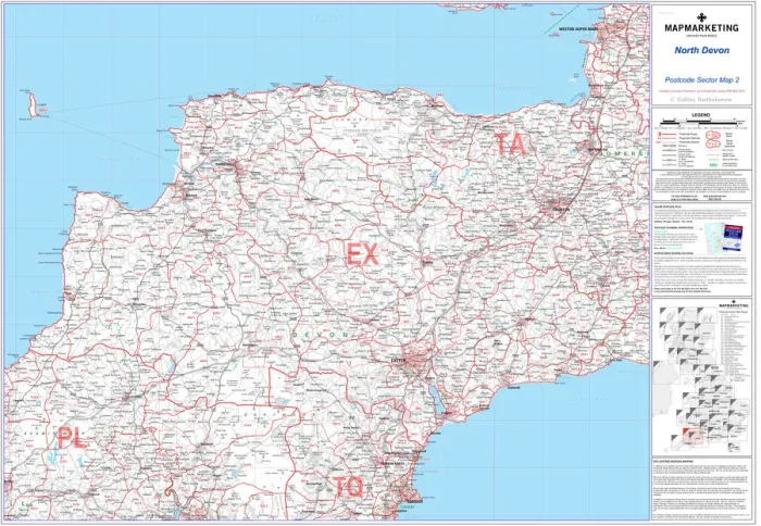Stampa con cornice : Mappa del settore di codice postale foglio 2 North Devon