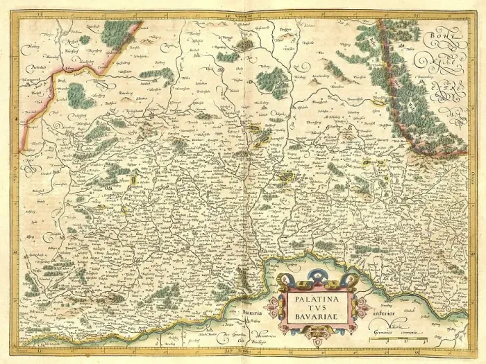Stampa con cornice : Atlante, mappa del 1623, Palatina e Bavariae.