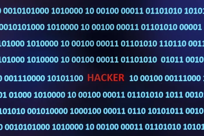 Stampa con cornice : Codice binario con la parola hacker, Austria.