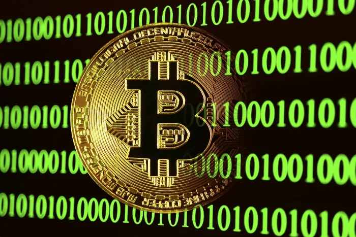 Stampa con cornice : Bitcoin con codice binario.