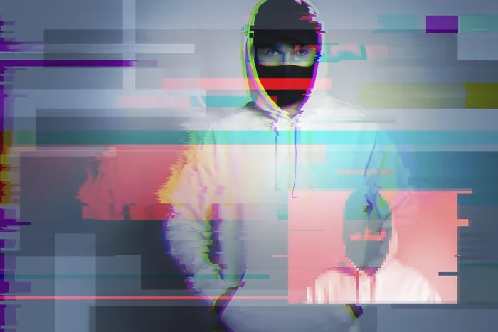 Stampa con cornice : Immagine creativa con hacker anonimo con effetti glitch e interferenza. Stampa con cornice : Immagine creativa con hacker anonimo con effetti glitch e interferenza.