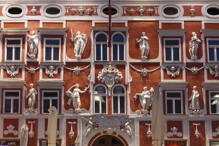 Stampa con cornice : Facciata dell'edificio Hacklhaus. Stampa con cornice : Facciata dell'edificio Hacklhaus.