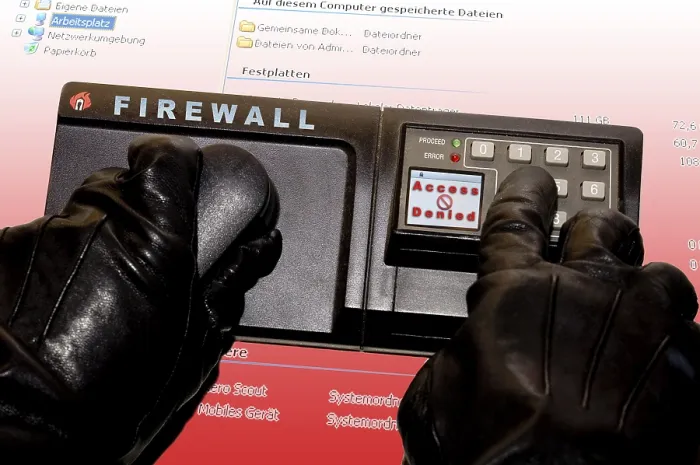 Stampa con cornice : Un hacker cerca di accedere a un Computer protetto da una Firewall.