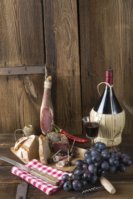 Stampa con cornice : Prosciutto, vino e pane. Stampa con cornice : Prosciutto, vino e pane.