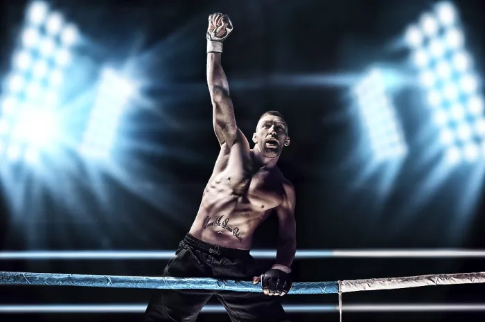 Stampa con cornice : Un kickboxer in posa nel ring. Stampa con cornice : Un kickboxer in posa nel ring.