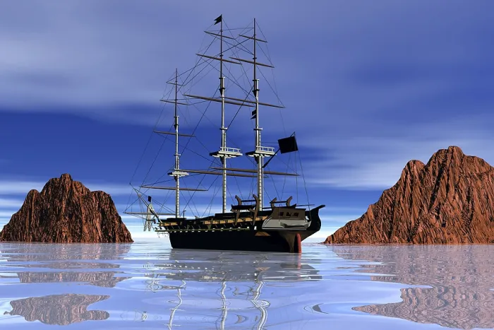 Stampa con cornice : Nave tra le rocce, visualizzazione 3D. Stampa con cornice : Nave tra le rocce, visualizzazione 3D.