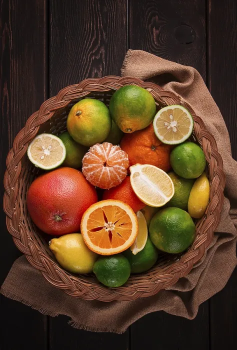 Stampa con cornice : Sortiment, frutta agrumata, in un cesto.