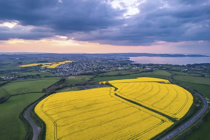 Stampa con cornice : Tramonto su Devon Fields e Aree Agricole da un drone. Stampa con cornice : Tramonto su Devon Fields e Aree Agricole da un drone.