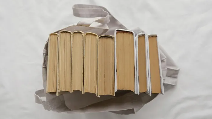 Stampa con cornice : Visuale superiore libri pila borsa Stampa con cornice : Visuale superiore libri pila borsa