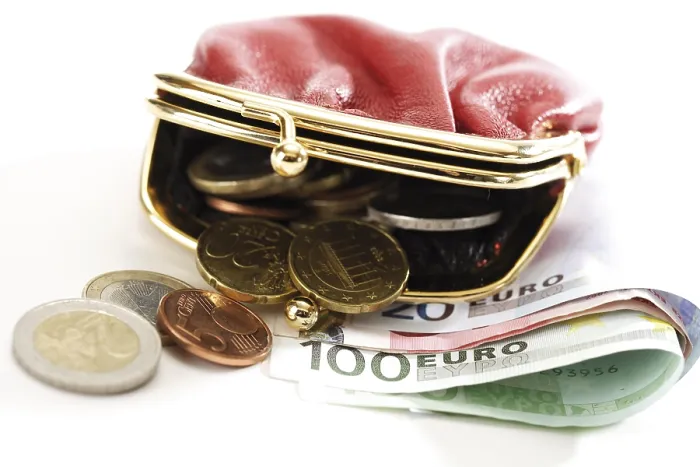Stampa con cornice : Borsa con biglietti e monete