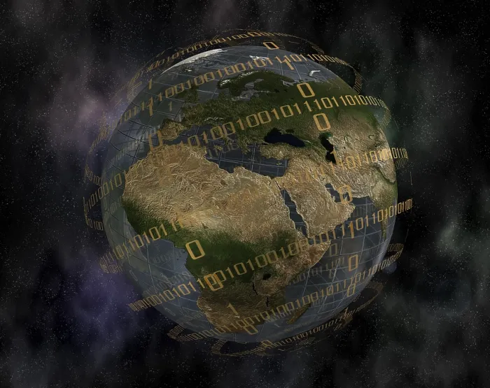 Stampa con cornice : Mondo globale e codice binario. Stampa con cornice : Mondo globale e codice binario.