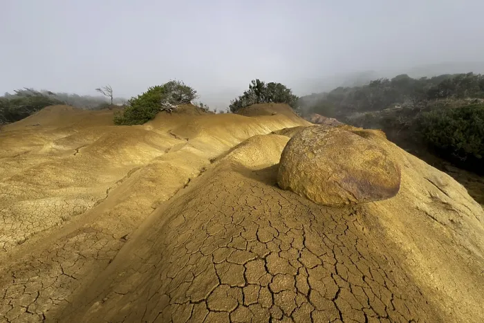 Stampa con cornice : Suolo giallo e rocce, erosione.