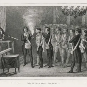 Blindfolded Apprentice in French Masonic Lodge Print