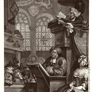 Print of a sleeping congregation listening to a preacher