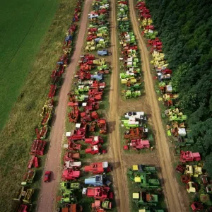 Aerial photograph print of combine harvesters in a scrapyard