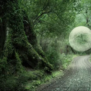 Binary Code Print: Glowing Orb Over Forest Path