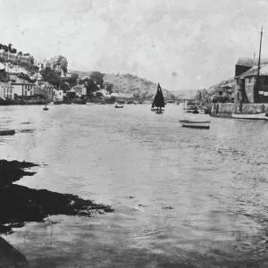 Print of View up river, Looe, Cornwall (1930), showing East and West quays Print of View up river, Looe, Cornwall (1930), showing East and West quays