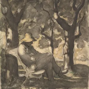 Honore Daumier Print: A Man Reading in a Garden (recto) Honore Daumier Print: A Man Reading in a Garden (recto)