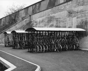 Steam Museum Exhibits UK Stampe: Cycle rack outside the Apprentice Training School, Swindon