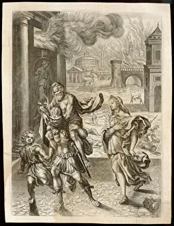 Stampe di La caduta di Troia - Fuggita la città, portando con sé suo padre Anchise e accompagnata da figlio Ascanio ed moglie Creusa che purtroppo muore Immagini Correlate Stampe: Enea Fuggisce da Troia