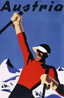 Stampe di Affiche per il turismo dell'Austria con uno sciatore indossando un cappello da sole contro una cornice di montagne d'inverno Poster Stampe: Austria