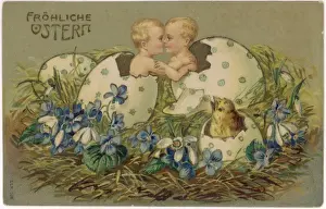 Decorated Easter Eggs Stampe: Two babies and a chick hatching out of Easter eggs