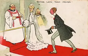 Stampe di Meglio Tardi Che Mai - un promesso sposo si affretta a salire sull'altare per stare accanto alla sua sposa, che non è affatto impressionata dal suo timing piuttosto rilassato, Data: 1903 Tom Browne Stampe: Migliore Tardi Che Mai