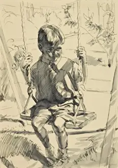 Historical Garden Scene Stampe: Boy playing on a swing
