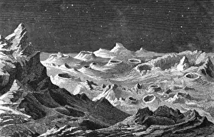Stampe di I crateri degli antichi vulcani testimoniano del violento passato della Luna. Data: circa 1880 Esplorazione Dello Spazio Stampe: Paesaggio Lunare Irregolare