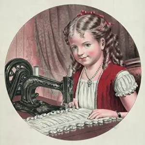 Vintage Sewing Machine Stampe: Child at sewing machine