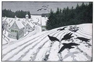 German Village Landscape Stampe: Crows in the Snow 1902