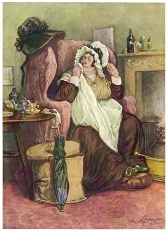 Stampe di La vita e le avventure di Martin Chuzzlewit. Sara (Sairé) Gamp, infermiera, nutrice e lavatrice dei morti, indossando un grembiule ed una cappellina Charles Dickens Stampe: Charles Dickens - Il Gambero di Scrooge